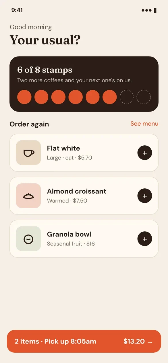 Concept café app home screen with loyalty stamps and favourite orders