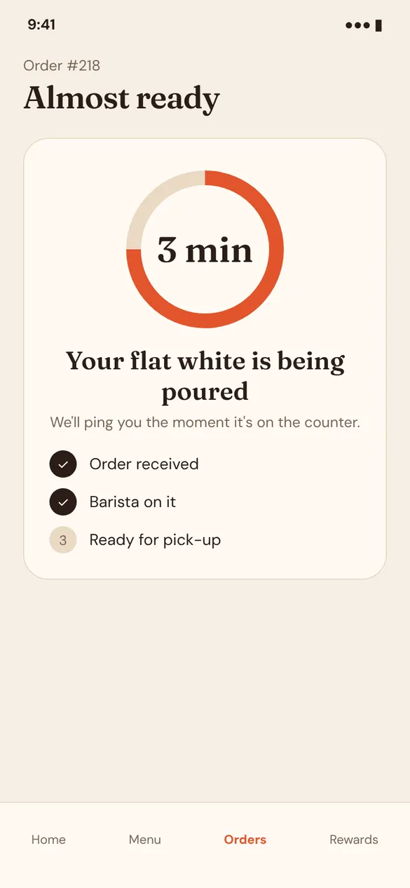 Concept café app order-tracking screen showing the order is almost ready