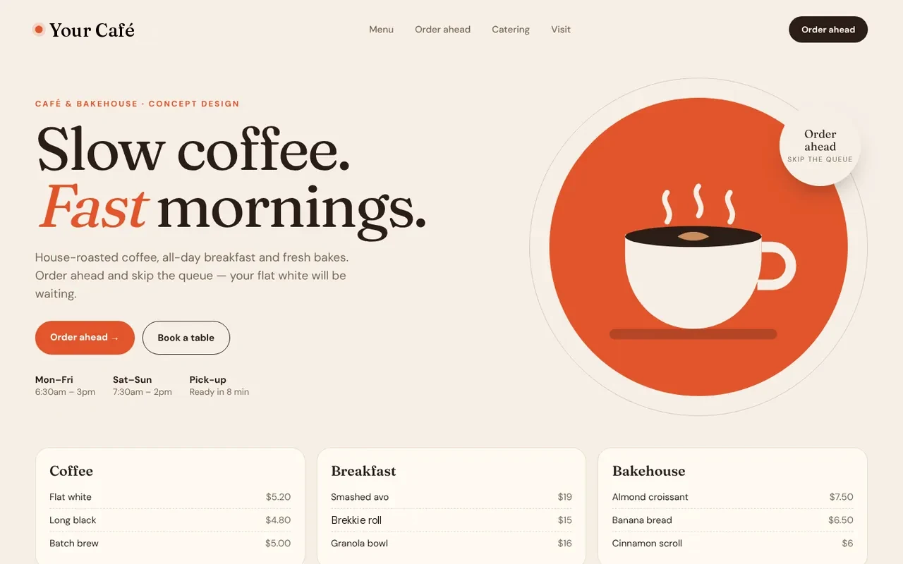 Concept website design for a café & bakehouse (fictional business), desktop view