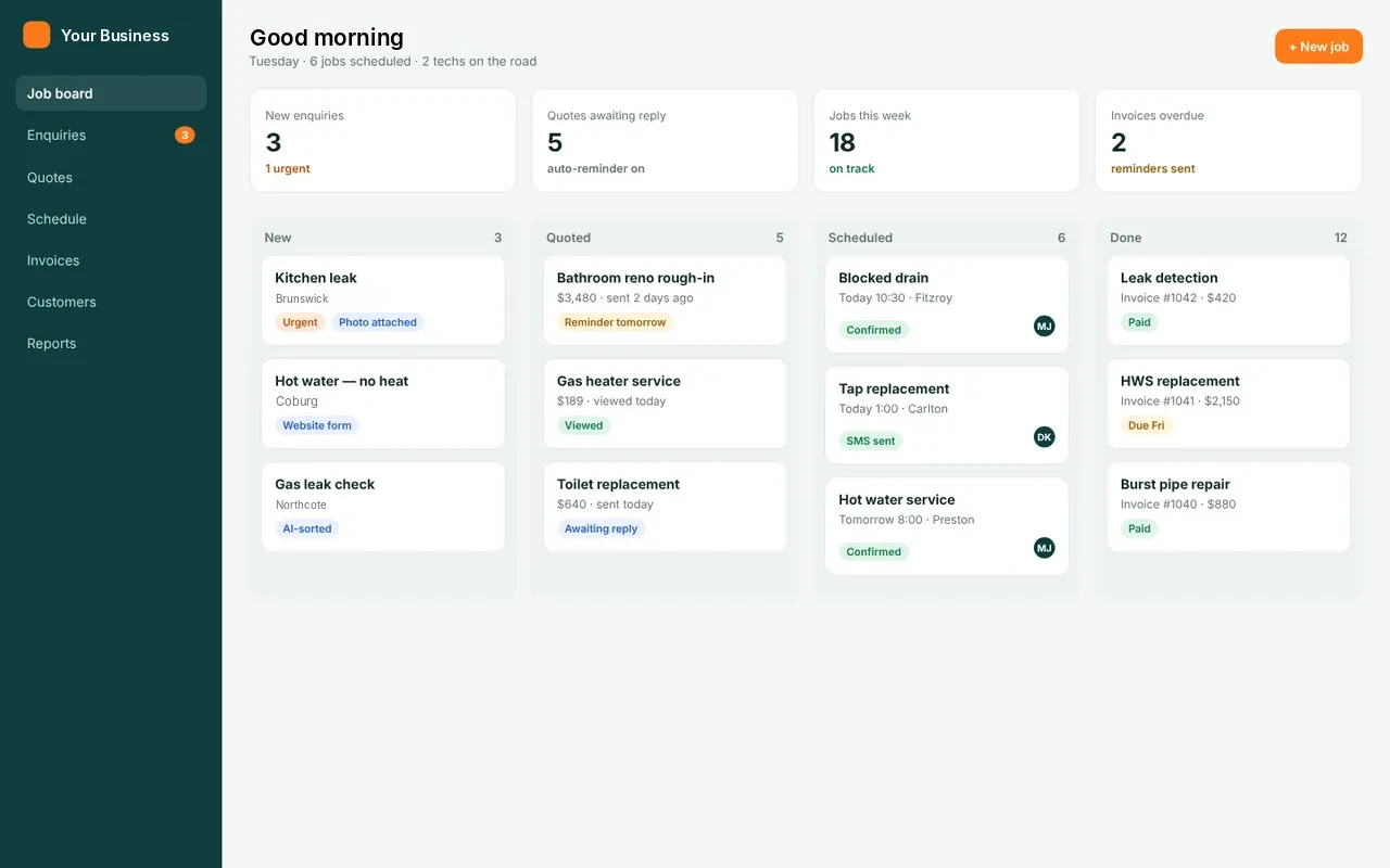 Concept job-tracking dashboard for a fictional plumbing business, showing enquiries, quotes, scheduled jobs and invoices