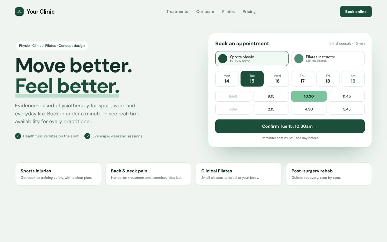Concept website design for a physio clinic (fictional business), desktop view