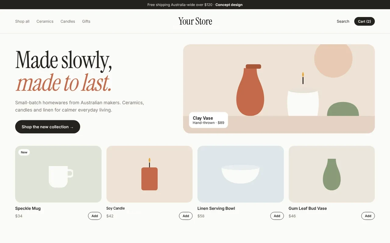 Concept website design for a shopify homewares store (fictional business), desktop view